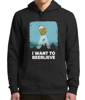 I Want To Beerlieve Funny Meme Hoodie Humor Beer Drinking Alien Abduction UFO Oversize Winter Sweatshirt For Men Clothing