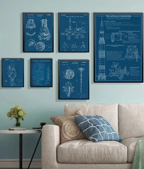 Saturn V Apollo Rocket NASA Space Exploration Patent Diagram Blue Print Office Poster Wall Art Canvas Print for Home Office Deco